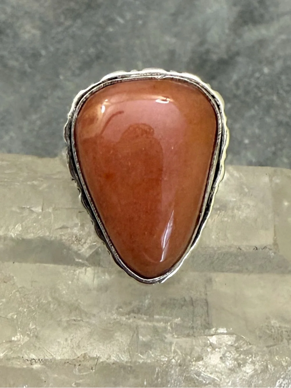Genuine Peach Moonstone Teardrop Silver Ring